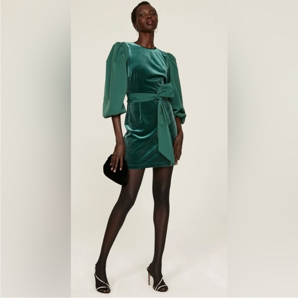 LDT Hannah Emerald Velvet Mini Holiday Dress Size 14 Belted Puff Long Sleeve - Picture 3 of 12